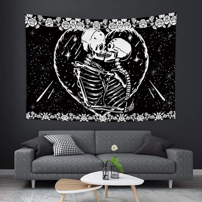 Lfeey Skull Tapestry Black and White The Kissing Lover Skeleton Death Love Heart Floral Galaxy St... | Amazon (US)