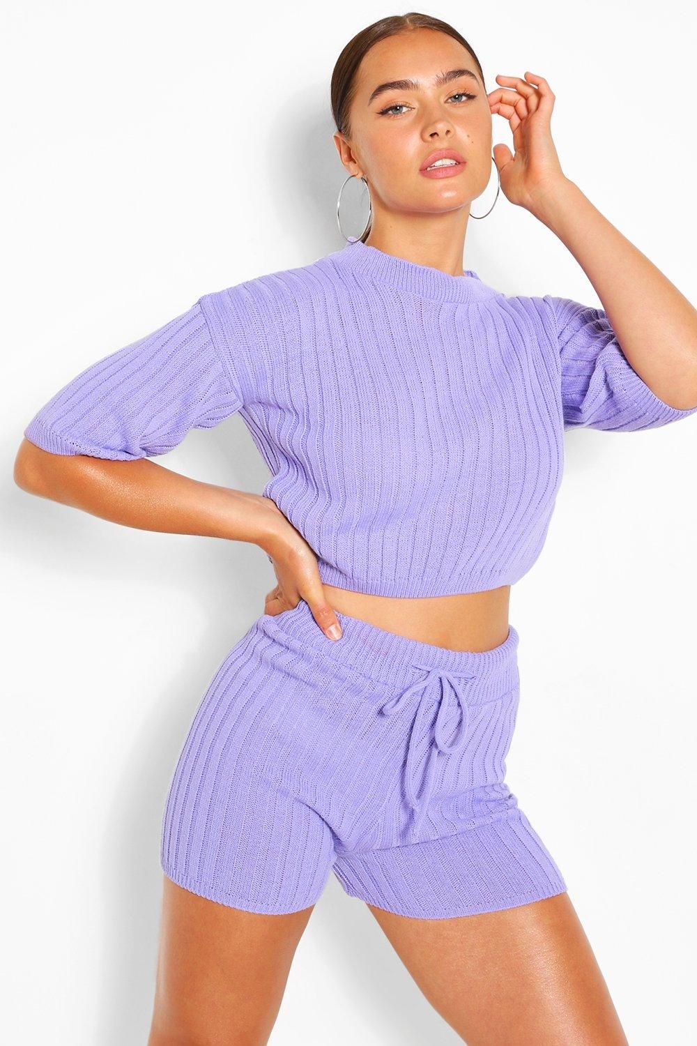 Womens Rib Knit Top & Shorts Co-Ord - Purple - M/L | Boohoo.com (US & CA)