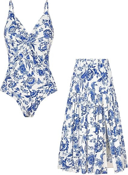 GRACE KARIN Women's One Piece Swimsuits with Cover Up Skirt Tummy Control V Neck Bathing Suits | Amazon (US)