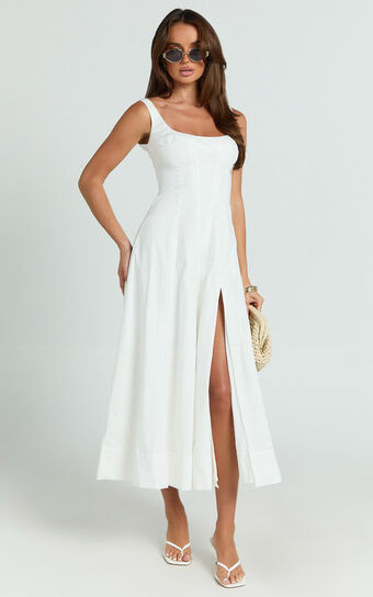 Kristi Midi Dress - Scoop Neck Fit And Flare Dress in Off White | Showpo (US, UK & Europe)