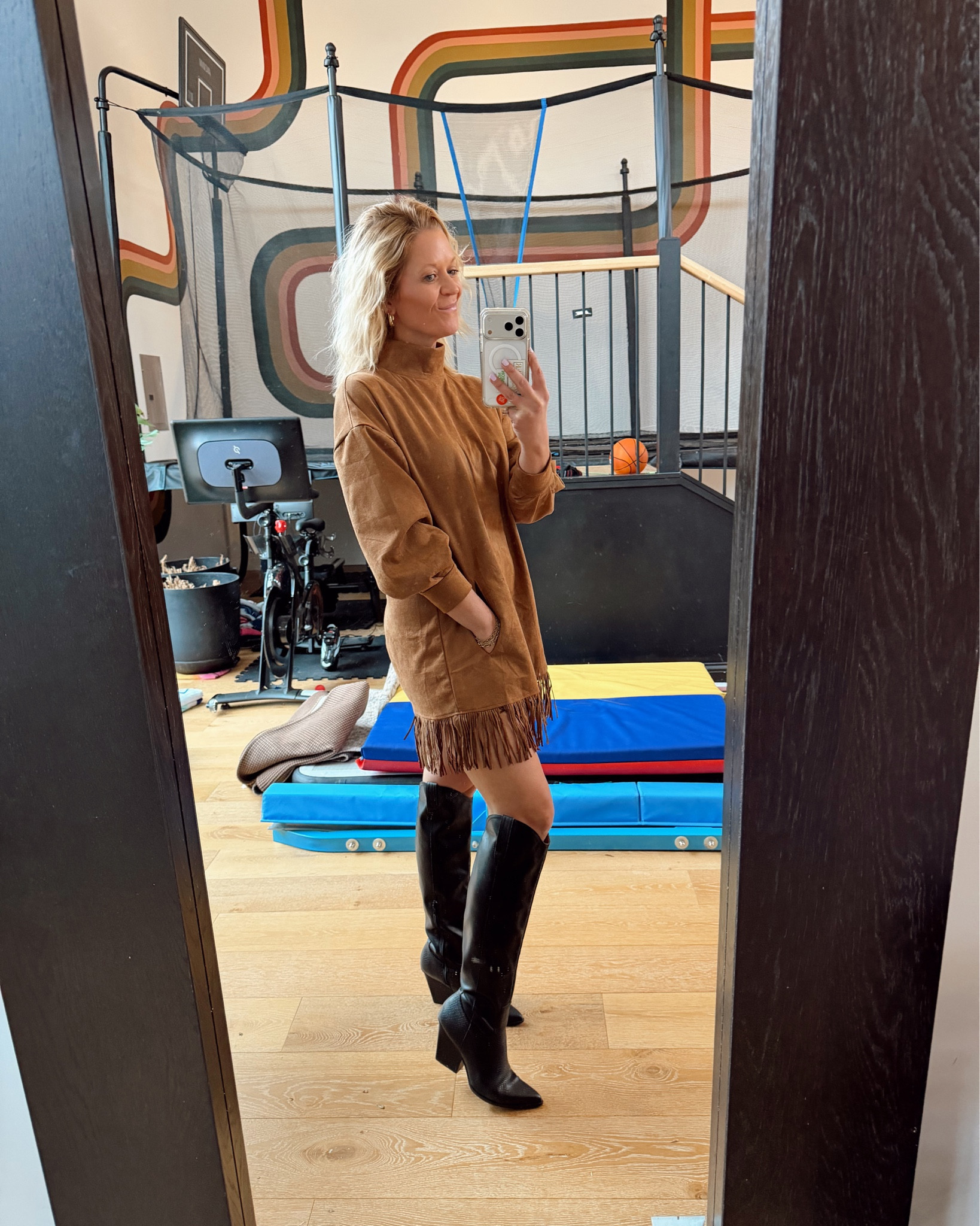 Fringe suede dress with my forever fave knee high black boots. Girls night!