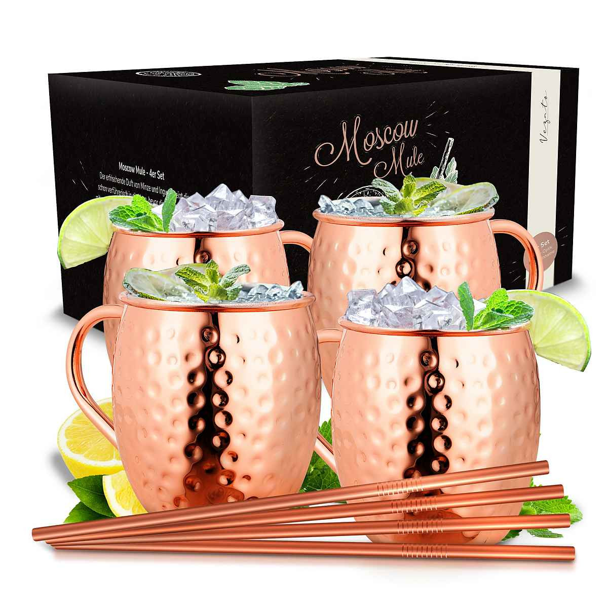 Vezato Cocktailglas Vezato Moscow-Mule-Becher [500ml] – Kupferbecher mit Strohhalmen | OTTO (DE)