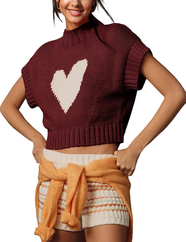 Cap Sleeve Sweater Tank Tops for Women Mock Neck Sweater Vest Cute Heart Knit Cropped Pullover To... | Amazon (US)