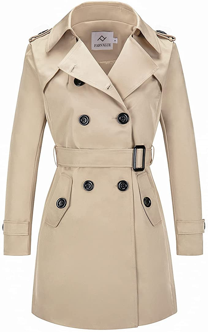 FARVALUE Women's Double Breasted Trench Coat Water Resistant Windbreaker Classic Belted Lapel Ove... | Amazon (US)