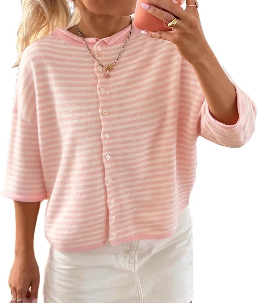 Women's 3/4 Sleeve Cardigans Striped Crewneck Button Down Knitted T-Shirt Spring Summer Casual Sw... | Amazon (US)
