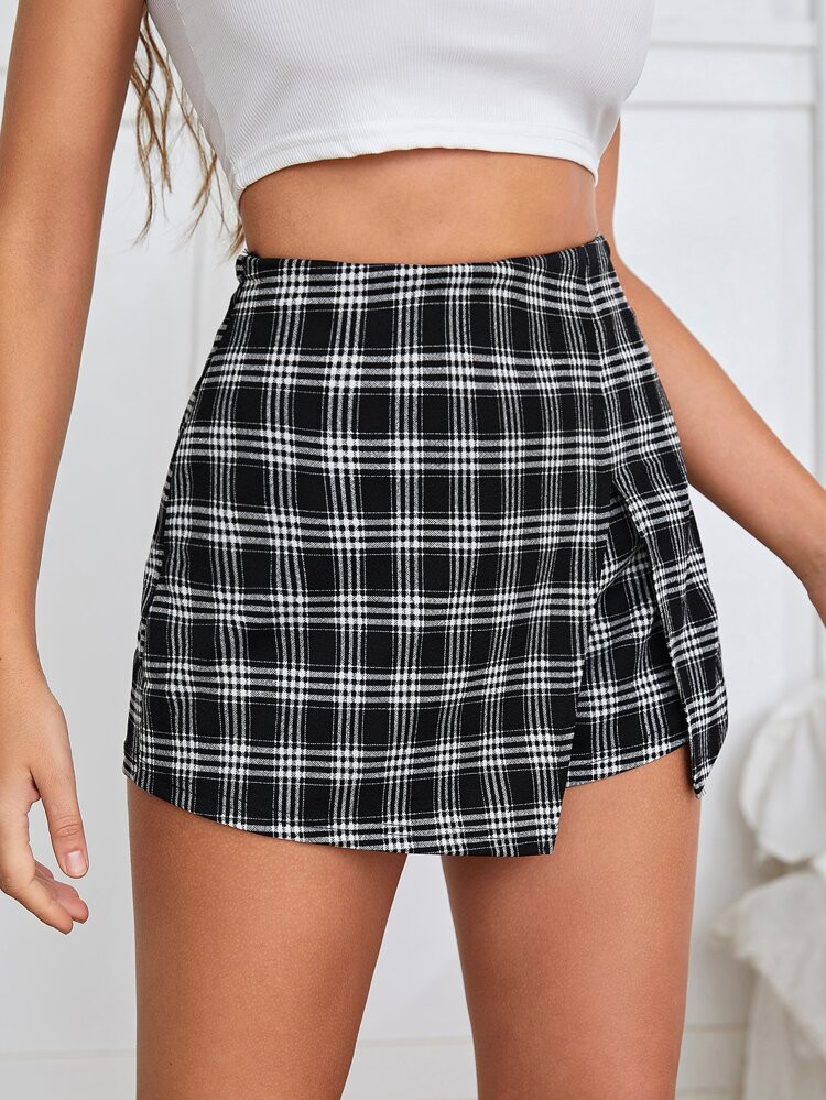 SHEIN Unity Plaid Print Asymmetrical Hem Skort | SHEIN