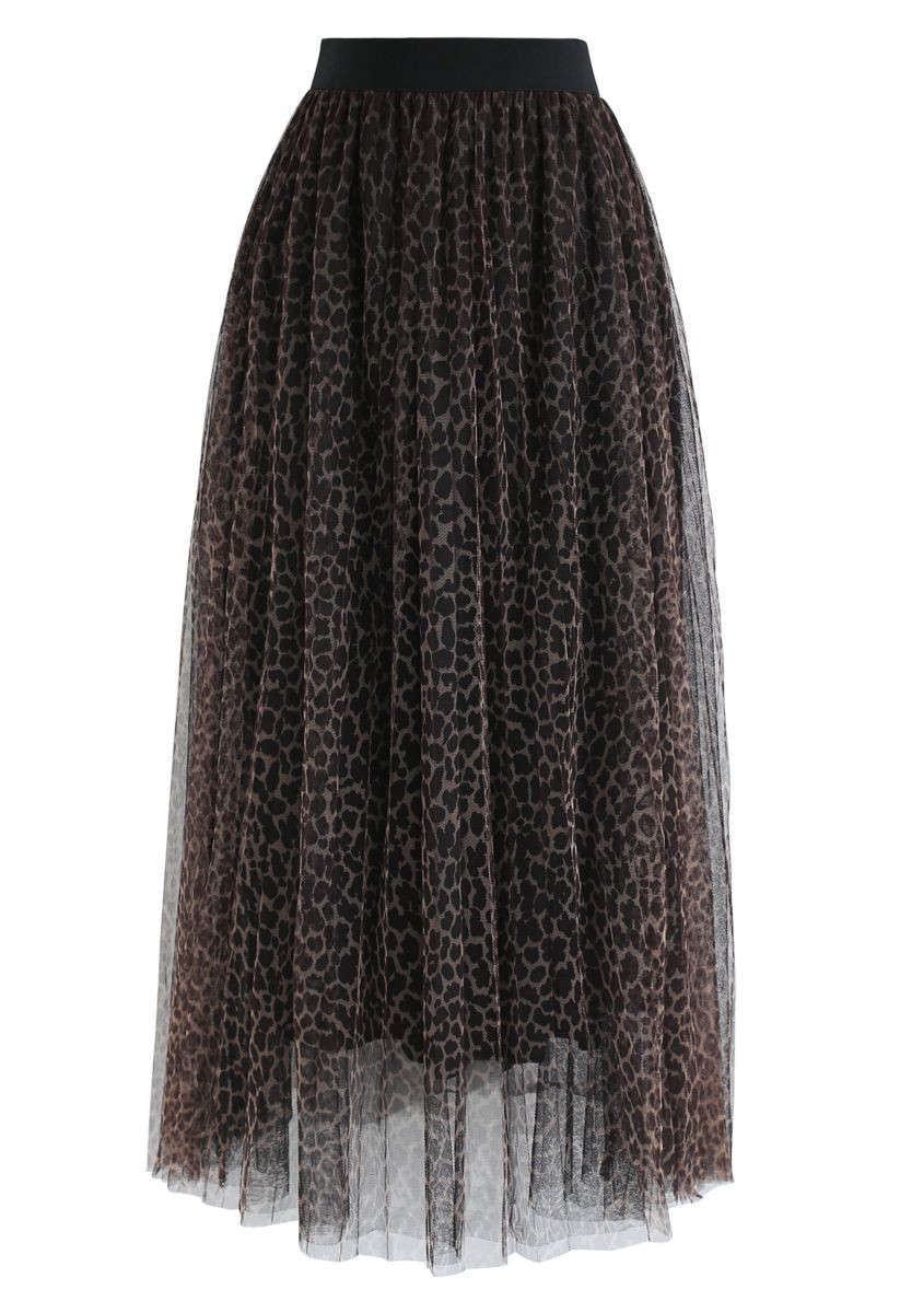 Leopard Printed Double-Layered Mesh Tulle Pleated Skirt | Chicwish