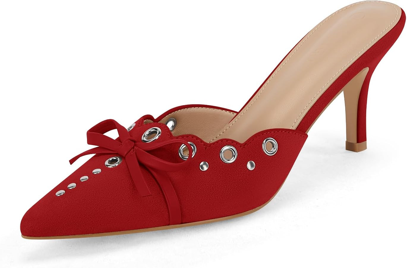 Coutgo Women's Bow Tie Mule Heels Pointed Toe Studded Backless Stilettos Slip On Dress Pump Shoes | Amazon (US)