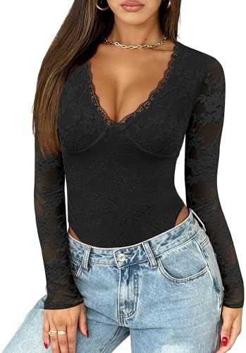 Saslax Women's Lace Bodysuit Sexy Deep V Neck Long Sleeve Body Suits Thong Slim Fit Double Lined ... | Amazon (US)