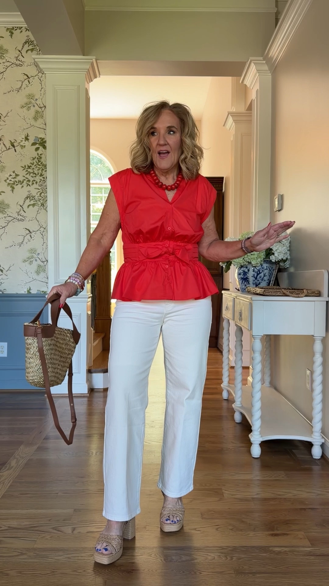  Avara 15% off code NANETTE15

Most items are true to size, I’m wearing a medium, 8, 29 in all except the following recommendations:
Red jeans definitely size up. I orders an 8/29 and they are too tight. Next size up would be better
Tammy gauze top I sized down to a small for a more tailored look. Medium would have been a bit more relaxed.
The Seychelles sandals are very comfortable. Cushioned footbed, so pretty with dresses or jeans. If in-between, size down.
20% off Allie & Bess jewelry code NANETTE20

Spring outfits 2026 Memorial Day outfit summer casual colored jeans

#LTKTravel #LTKOver40 #LTKMothersDay

 