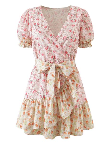 'Rayanne' Bicolor Floral Waist Tied Mini Dress | Goodnight Macaroon
