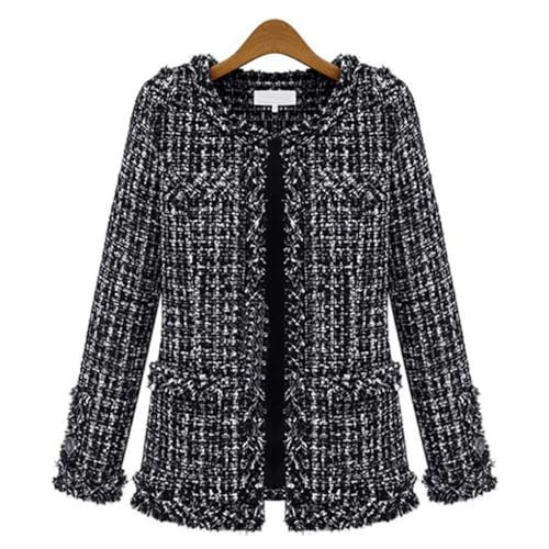 ebossy Women's Elegant Open Front Round Neck Fringed Plaid Tweed Jacket (Large, Black) | Amazon (US)