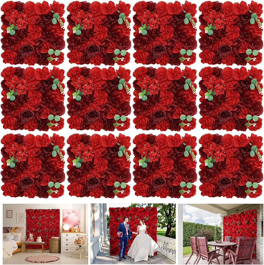 Red Flower Wall Backdrop 12 Piece of 16.5x16.5 Inch Artificial Floral Wall Panel Silk Rose Wall D... | Amazon (US)