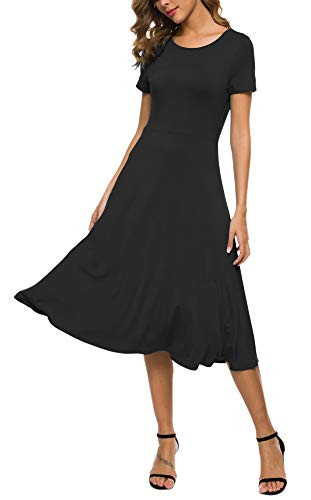 EXCHIC Women's Short Sleeve Round Neck Waisted Slim Summer Midi Dress (L, Black) | Amazon (US)