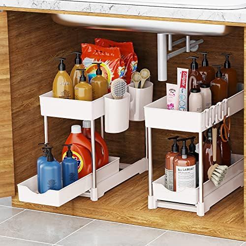 2 Pack Under Sink Organizers and Storage, 2 Tier Bathroom Organizer with Pull Out Drawer, Sliding... | Amazon (US)