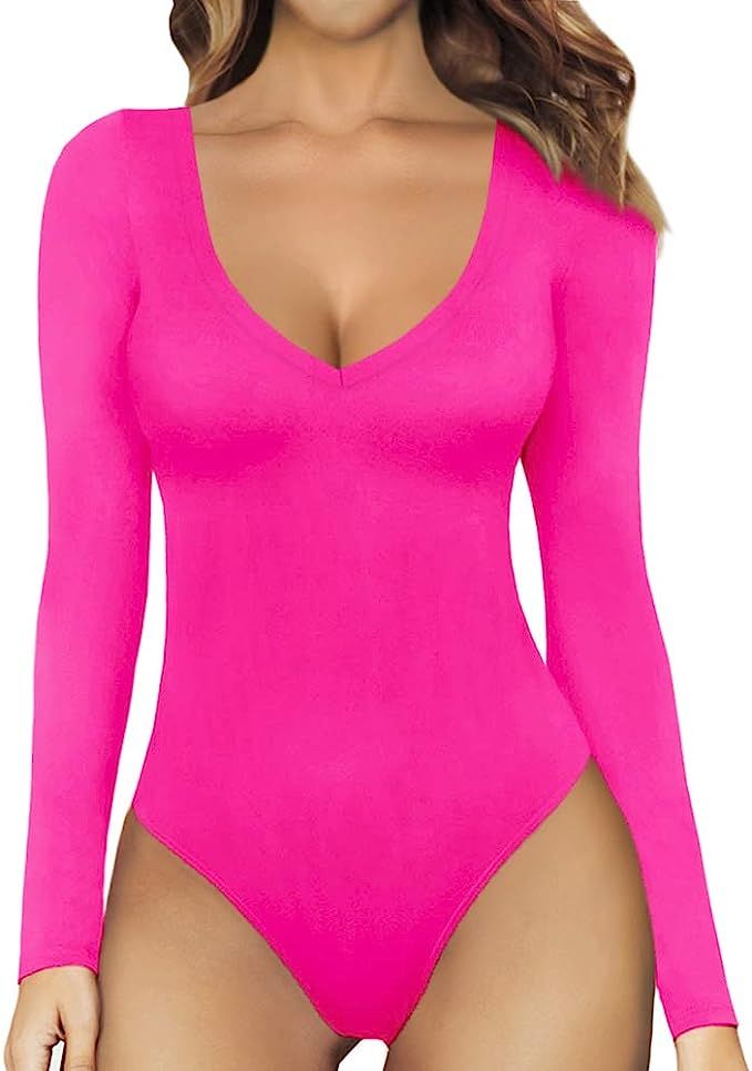 MANGOPOP Deep V Neck Short Sleeve Long Sleeve Tops Bodysuit for Women | Amazon (US)
