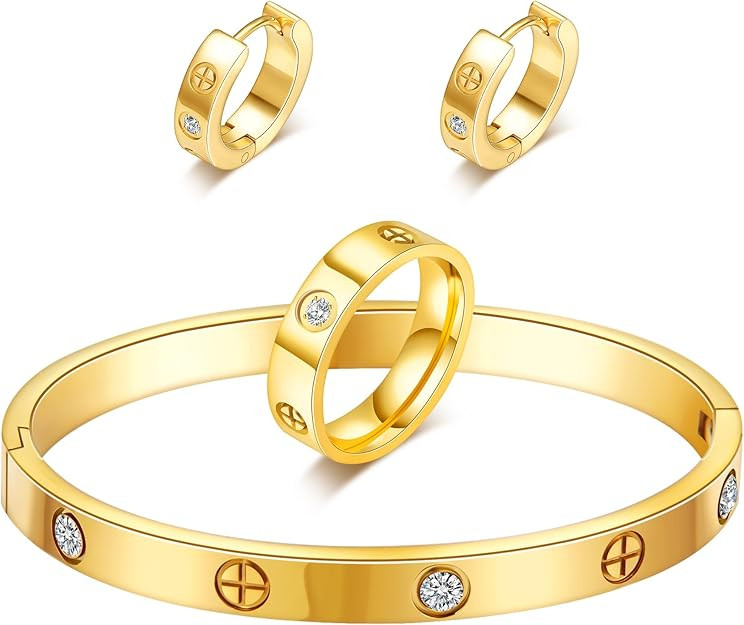 3 Pcs Hoop Earrings Bracelets Ring Sets for Women-18K Gold Plated Love Bracelet Cubic Zirconia Cu... | Amazon (US)