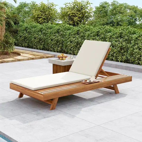 One-sided Open Storage Lounge Chairs Outdoor Patio Acacia Wood Chaise Lounge with Adjustable Back... | Bed Bath & Beyond