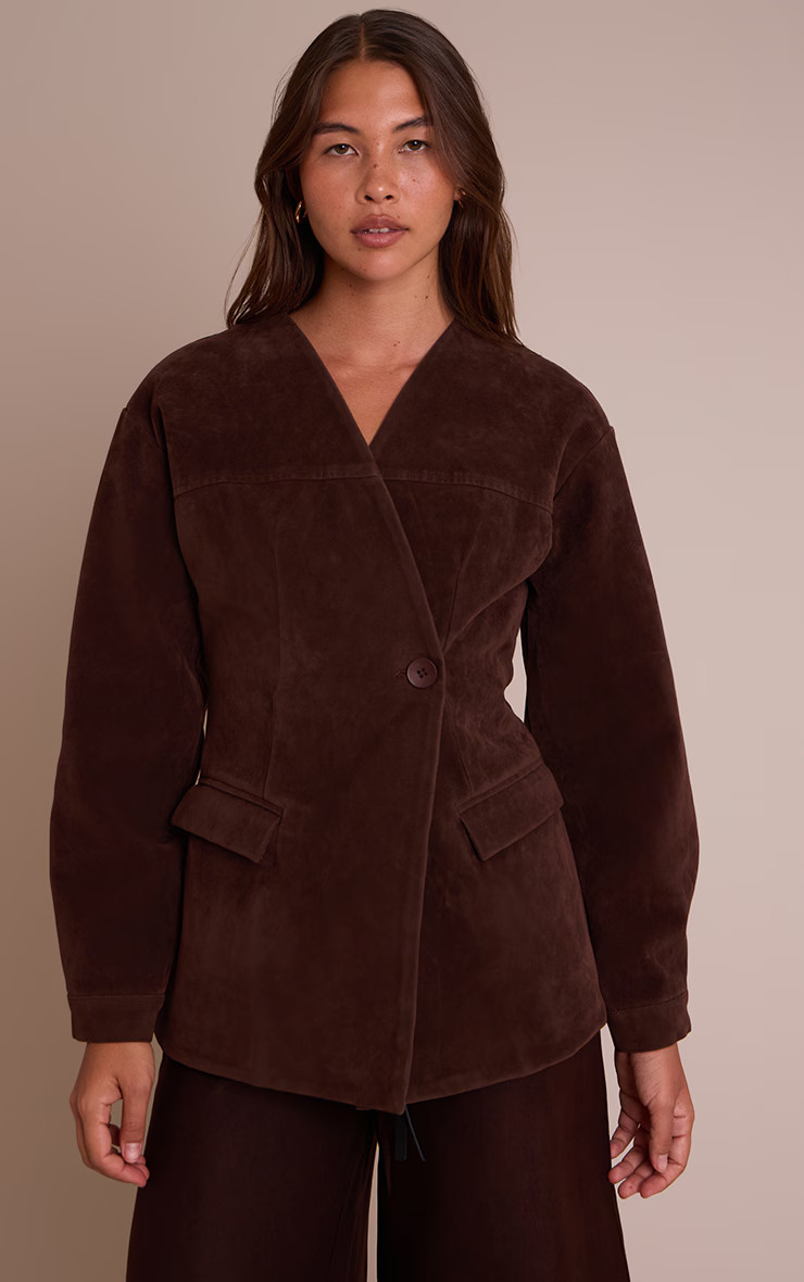 Chocolate Faux Suede Asymmetric Blazer  | Outerwear | PrettyLittleThing US