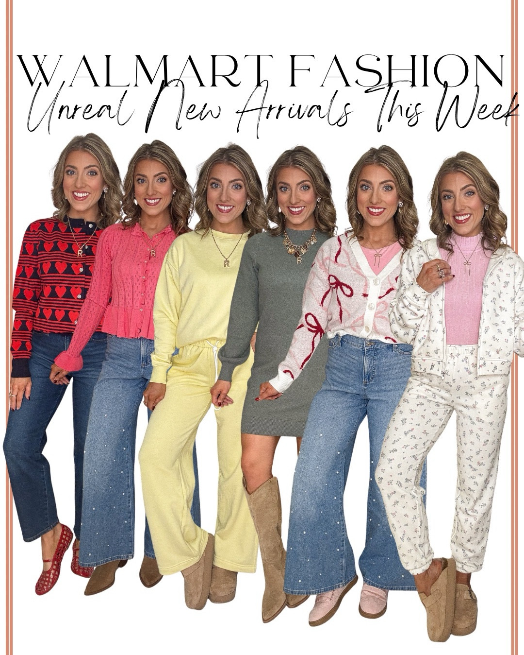 Walmart new arrivals I can’t stop talking about 🤍

This week’s Walmart fashion new arrivals are SO good and full of pieces you can actually wear every day. From cozy sweaters and cardigans to cute dresses, matching sets, wide leg jeans, and layering must-haves — these are the kind of affordable finds that sell out fast 👏

I’m sharing multiple outfits styled head-to-toe Walmart, all budget-friendly and perfect for now through early spring. Think soft knits, fun details (bows, hearts, textures), comfy denim, and pieces that mix and match effortlessly for mom life, errands, work, or casual weekends.

✨ Why I love this week’s drop:
• Affordable Walmart fashion staples
• Trendy but wearable styles
• Easy layering pieces
• Great basics + fun statement items
• Perfect for everyday outfits & casual occasions

Everything is linked and ready to shop in LTK 💕

#WalmartFashion #WalmartNewArrivals #AffordableFashion #BudgetFriendlyStyle #EverydayOutfits #CasualStyle #MomStyle #WalmartFinds #LTKIt #ShopTheLook #WalmartStyle #WideLegJeans #CardiganSeason #SweaterWeather #SpringTransitionOutfits