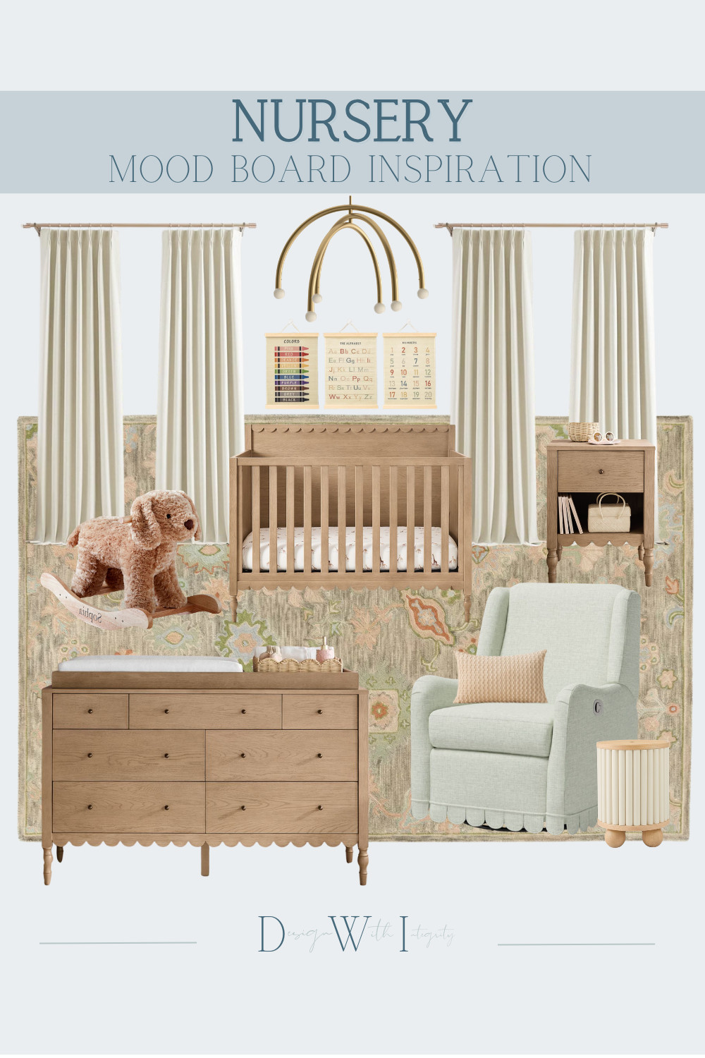 This nursery mood board layers warm wood tones with soft sage green for a space that feels grounded, calming, and effortlessly timeless. The natural wood crib and dresser anchor the design, while the upholstered glider adds comfort for everyday moments. A vintage inspired rug introduces subtle pattern and warmth, balanced by tailored drapery and soft neutral accents. Playful details like the rocking toy and modern mobile bring in personality without overwhelming the palette. Tap through to shop the curated nursery furniture, lighting, and decor selections.

#nurseryinspiration
#nurserydesign
#neutralnursery
#nurserydecor
#babyroomdesign


nursery mood board
sage green nursery
neutral nursery design
wood crib
nursery dresser
nursery glider
vintage nursery rug
baby room inspiration 

 #LTKHome