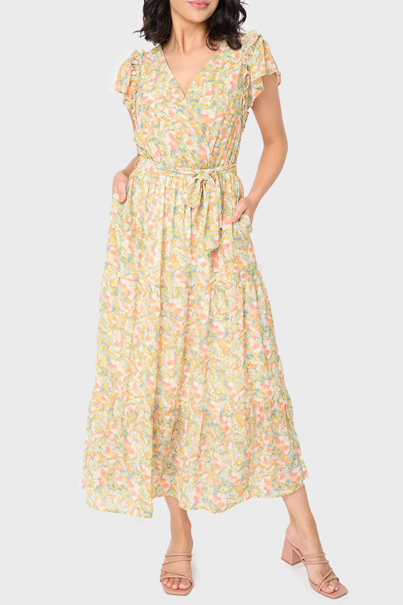 Flutter Sleeve Flowy Surplice Wrap Maxi Dress | Gibson