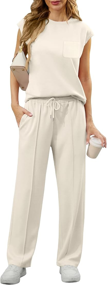 GRECERELLE 2 Piece Sets For Women Summer 2025 Outfits Lounge Sets Sleeveless Sweatsuits Wide Leg ... | Amazon (US)