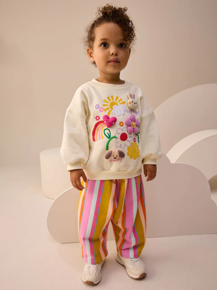 Cream Stripe Padded Characters Sweatshirt and Barrel Leg Joggers Set (3mths-7yrs) | Next US