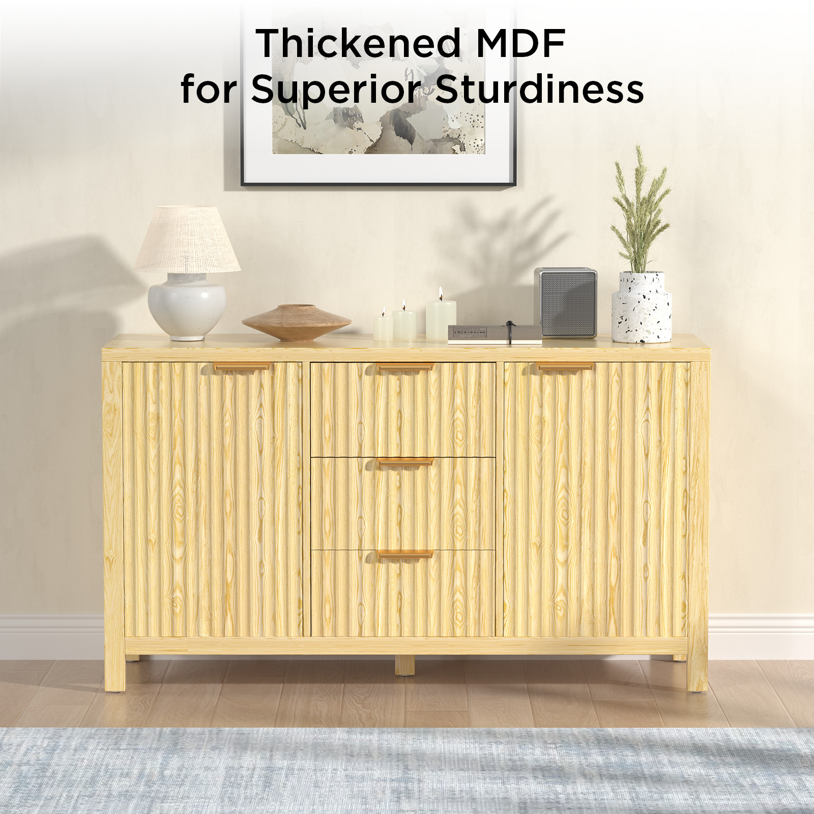 Yeahumalia 3 Drawer Storage Cabinet, Fluted Buffet Sideboard with Adjustable Shelves, Modern Cred... | Walmart (US)