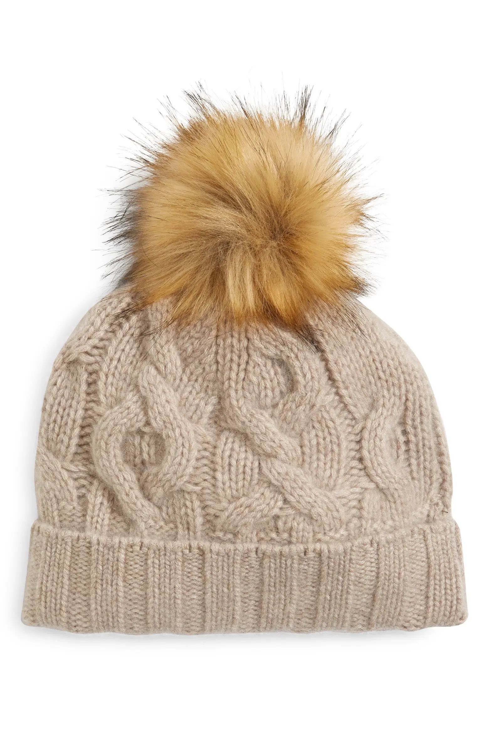 Cable Knit Cashmere Beanie with Faux Fur Pom | Nordstrom