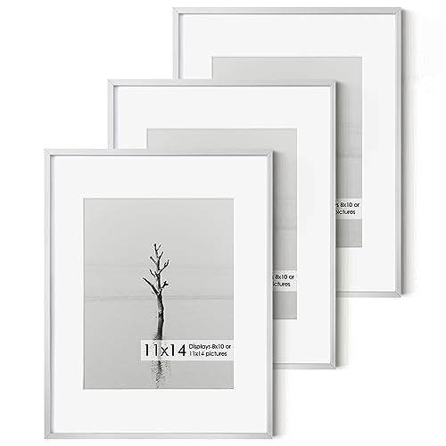 Fun Memories 11x14 Premium Metal Picture Frame - 11x14 Aluminum Photo Frames with 8x10 Mat, Tempered Glass Front, and Hanging Hardware - Ideal for Wall or Tabletop Display - Set of 3 - Sliver | Amazon (US)