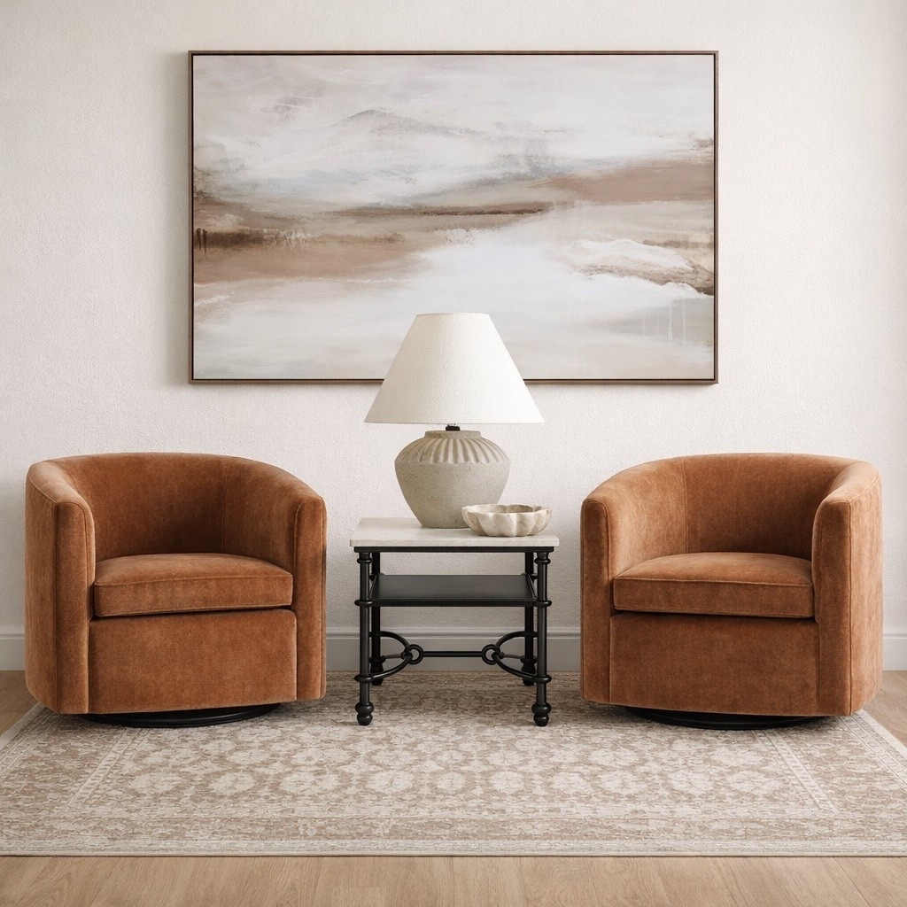 Everything in this warm neutral sitting nook is from @Target and it looks so designer. The camel swivel accent chairs, oversized neutral abstract wall art, textured table lamp and vintage inspired rug create the perfect organic modern living room setup that feels elevated but still affordable. If you love Studio McGee style decor and cozy earthy tones, this Target living room edit is such a good find for a high end look without the high end price.


#LTKSaleAlert #LTKHome