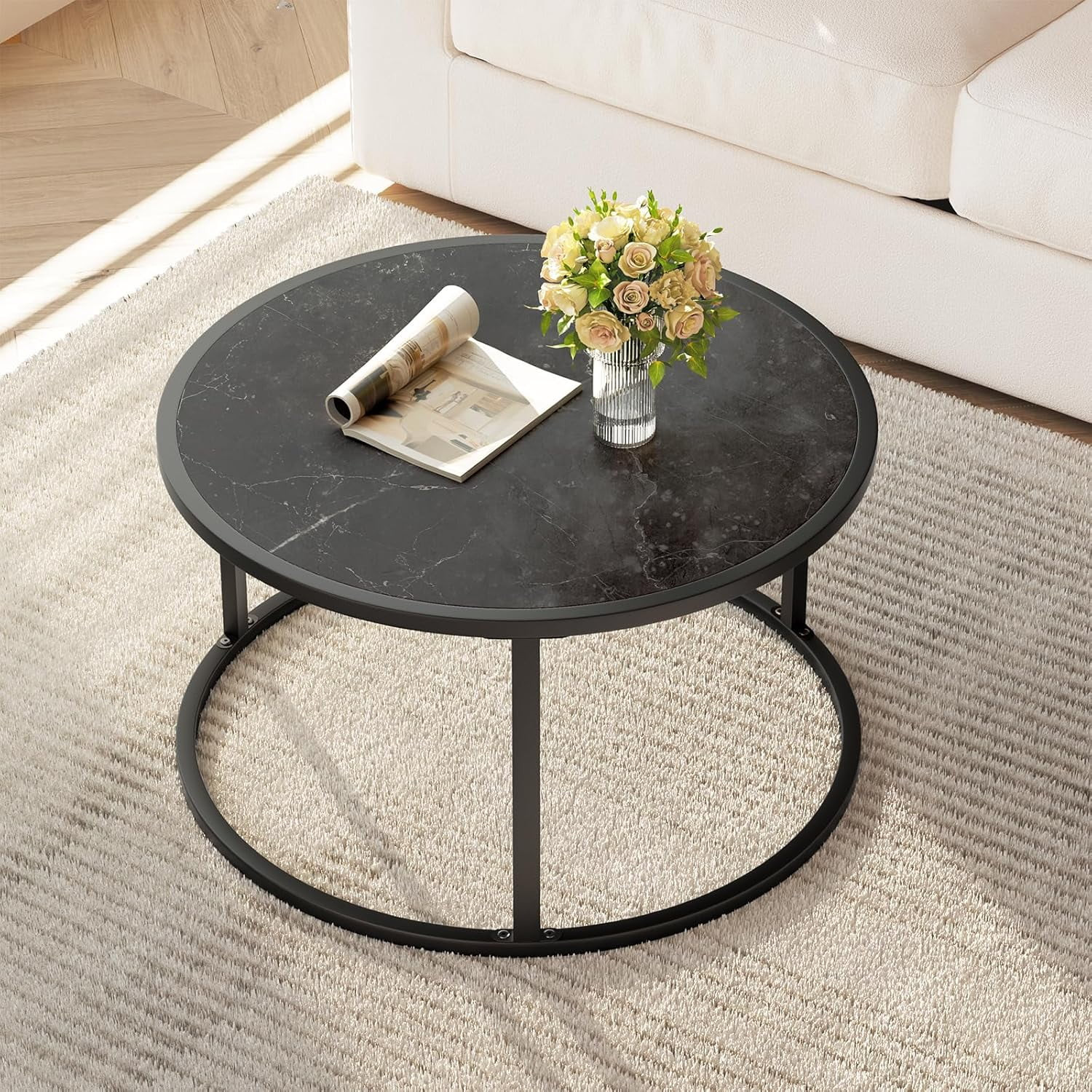 Small Coffee Table Black Round Marble Modern Tables Open Space Underneath for Living Room Home Of... | Walmart (US)