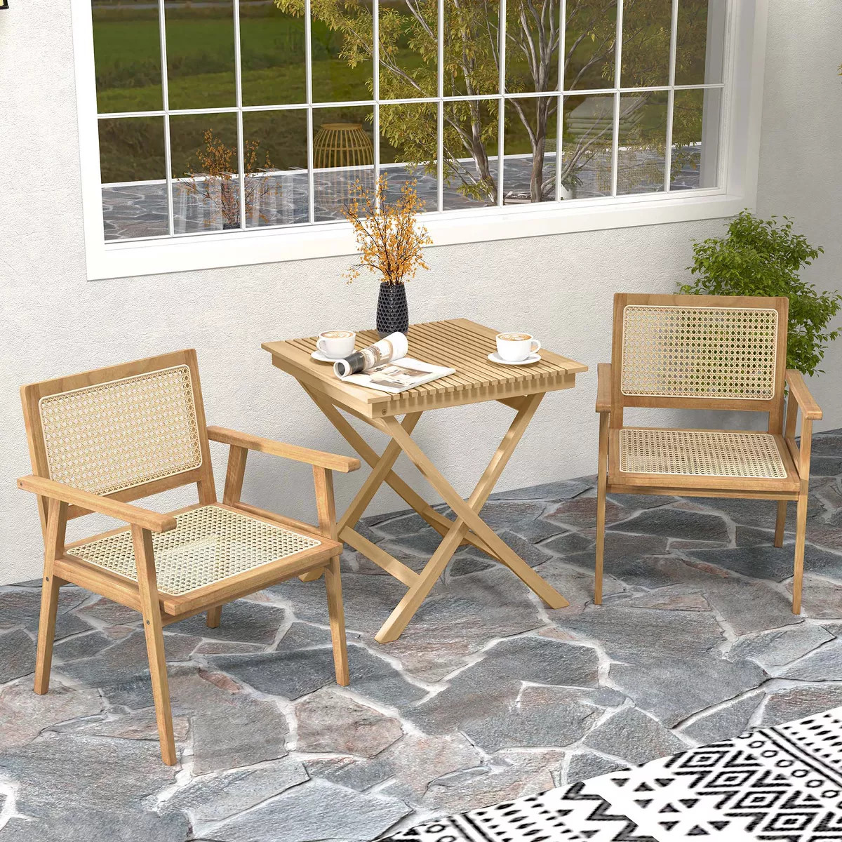 Costway 3 Pieces Patio Table Chair Set Wood Bistro Set with Rattan Seat & Teak Wood Frame | Target