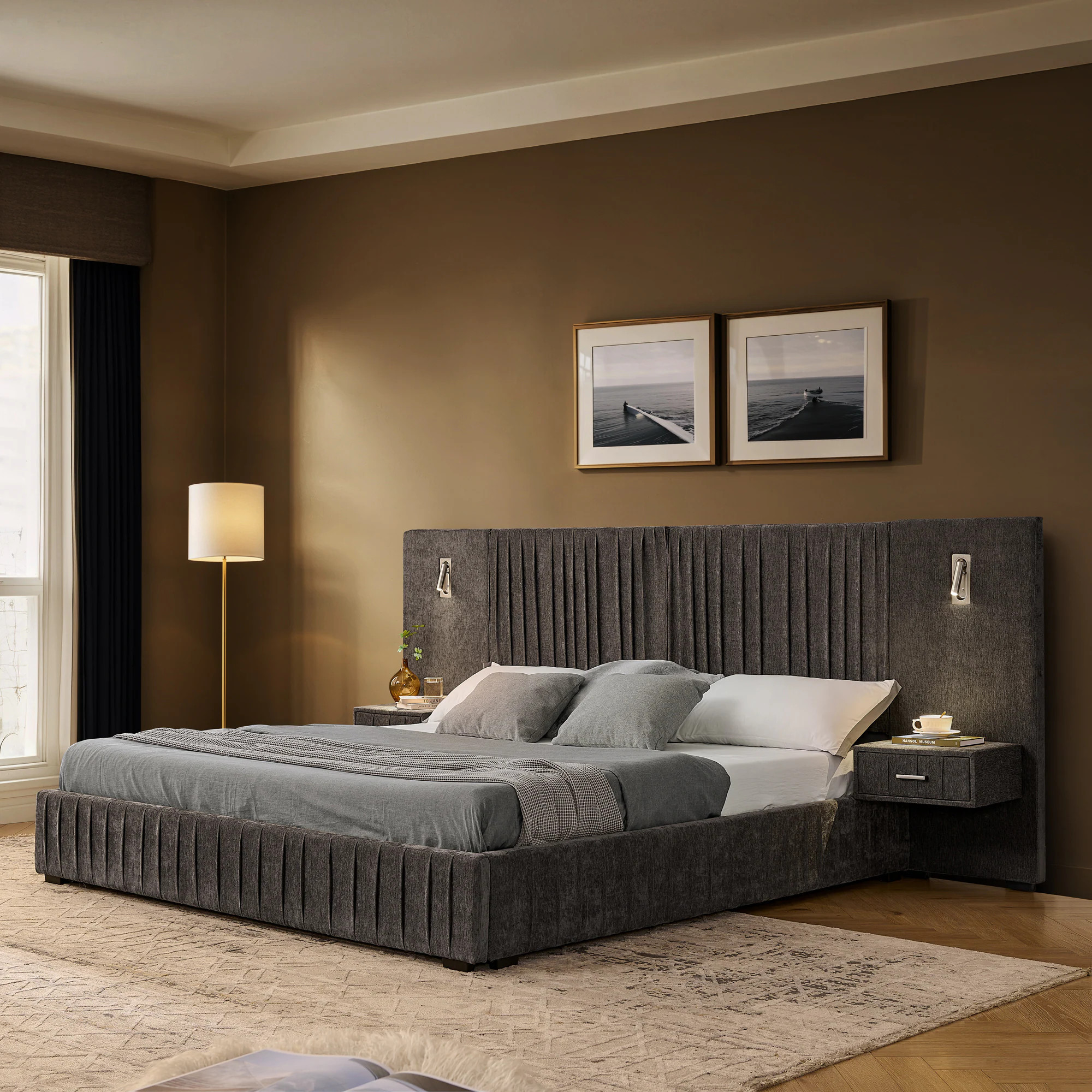 LUXEYARD Queen Size Upholstered Bed Frame with Chenille fabric with pleated design Grounded Queen Size Platform Bed with Headboard and Solid Frame | Lowe's
