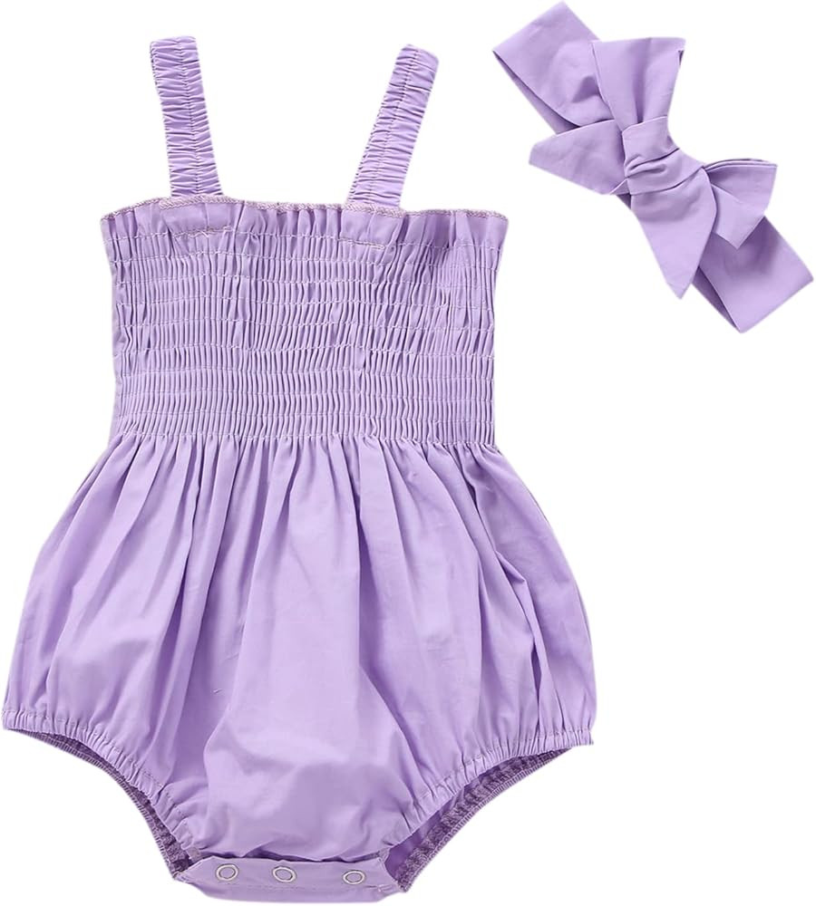 Baby Girls Summer Rompers Princess Newborn Plaid Floral Frill Sling Clothes Jumpsuits Headband Outfi | Amazon (US)
