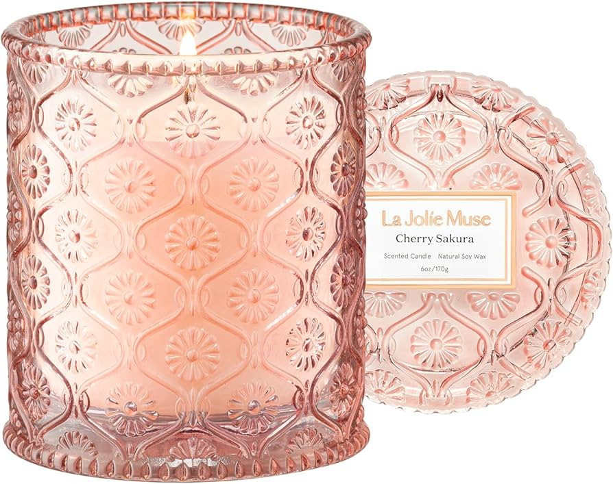 LA JOLIE MUSE Cherry Sakura Candle - Cherry Blossom, Rose, Sandalwood | 6 oz Natural Soy Wax | 40... | Amazon (US)