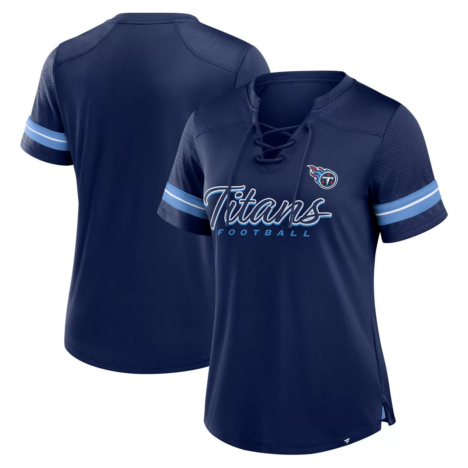 Women's Fanatics Navy Tennessee Titans Play Script Lace-Up T-Shirt, Size: Medium, Blue | Kohl's