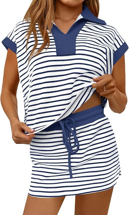 Fisoew Womens Striped 2 Piece Outfits Casual Sweatshirt Skirt Set Short Sleeve Skort Workout Set ... | Amazon (US)