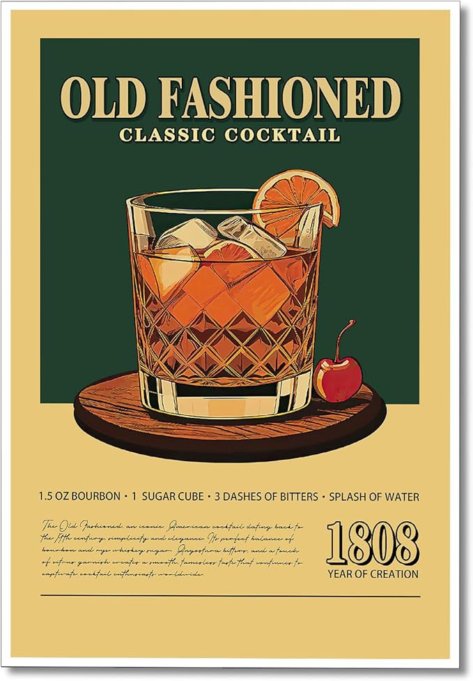Old Fashioned Cocktail Print Poster, Retro Classic Cocktail Bar Cart Canvas Wall Art, Vintage Alc... | Amazon (US)