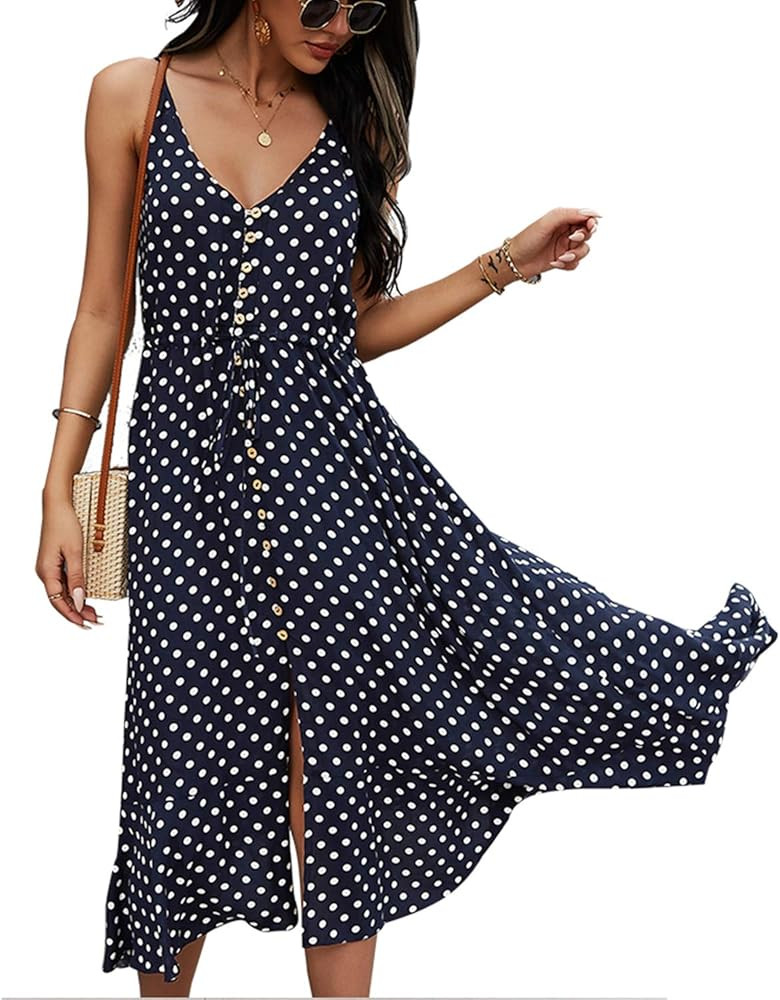 BROVAVE Women's 2026 Summer Casual Boho Sundress Polka Dot Spaghetti Strap V Neck Flowy Midi Dres... | Amazon (US)