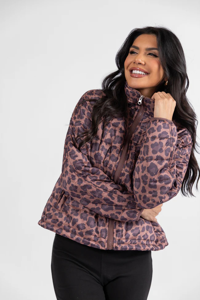 Vail Valley Brown Leopard Quilted Zip Up Jacket | Pink Lily