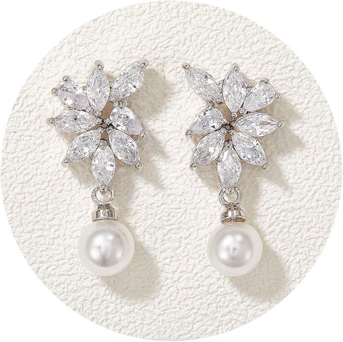 SWEETV Cubic Zirconia Pearl Wedding Bridal Earrings for Brides Bridesmaids, Pearl Drop Earrings f... | Amazon (US)