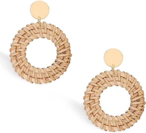 Rattan Dangle Earrings for Women, Boho Statement Handmade Unique Summer Tropical Straw Wicker Loo... | Amazon (US)