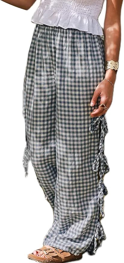 Women Y2K Wide Leg Gingham Pants Elastic High Waist Side Tie Loose Fit Plaid Trouser Lounge Pants | Amazon (US)