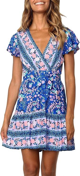 ZESICA Women's 2024 Summer Wrap V Neck Bohemian Floral Print Ruffle Swing A Line Beach Mini Dress | Amazon (US)