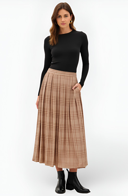 Modenaire Plaid Pleated Maxi Skirt with Elastic Waistband in Plaid Beige/brown at Nordstrom, Size Small | Nordstrom