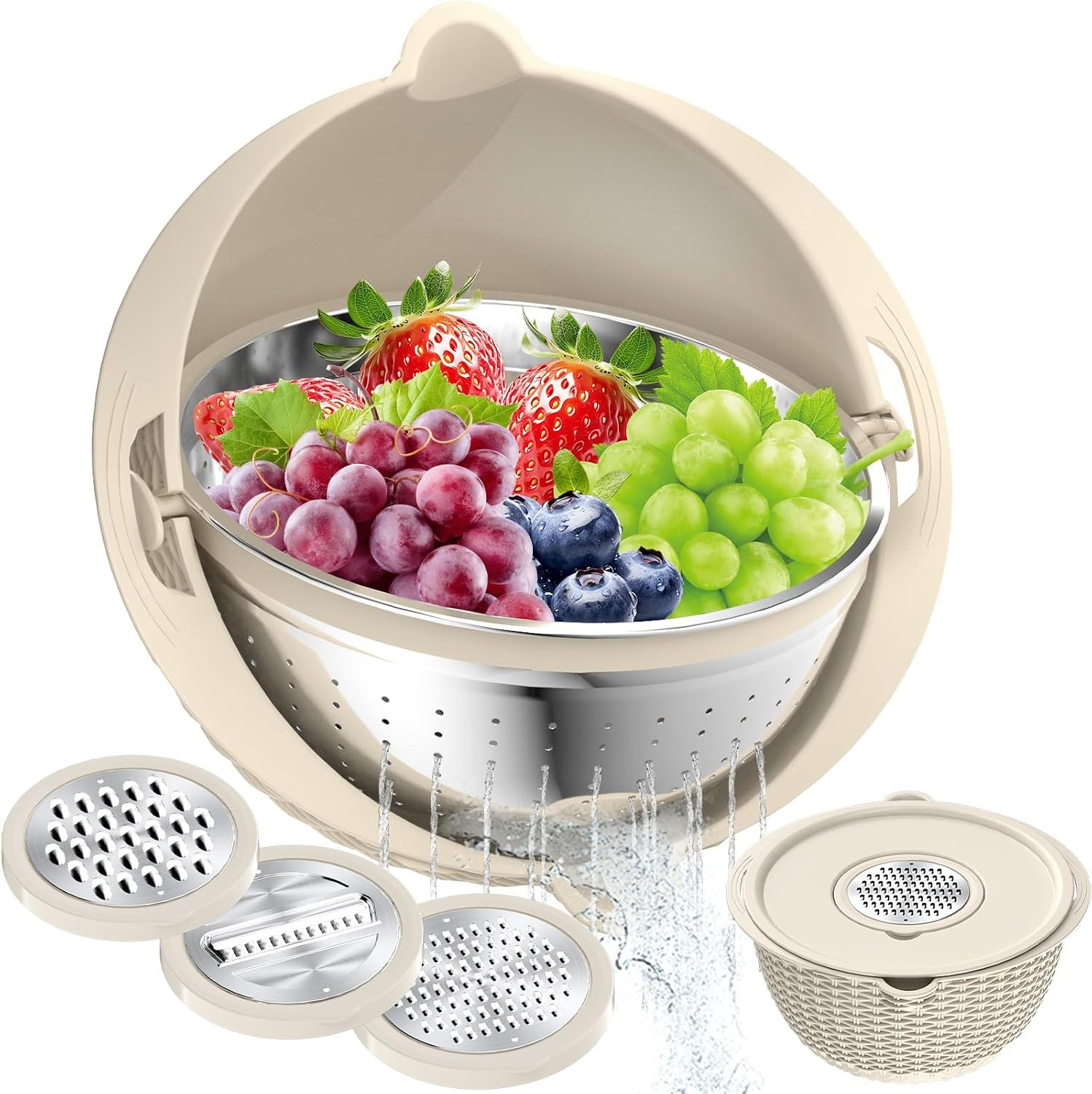 4-1 Colander with Bowl Set, Food Strainers and Colanders, Fruit Washing Bowl with Strainer, Rotatable Colander for Kitchen, Aesthetic Kitchen Gadget, Christmas & New Year Gifts - Beige | Amazon (US)