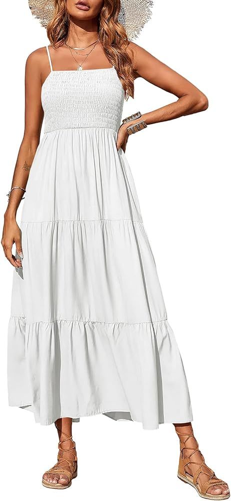 PRETTYGARDEN Women's Summer Maxi Dress Casual Boho Sleeveless Spaghetti Strap Smocked Tiered Long... | Amazon (US)