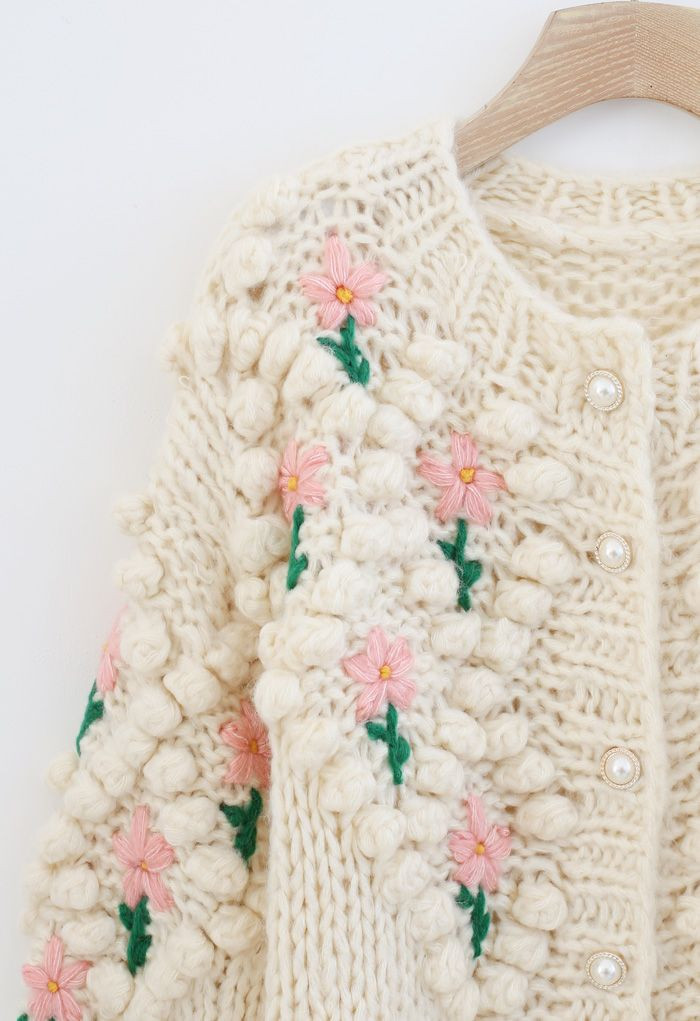 Stitch Floral Diamond Pom-Pom Hand Knit Cardigan | Chicwish